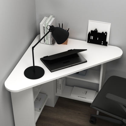Modern white corner computer desk with 4 shelves, rounded triangular desktop, 105 cm wide
