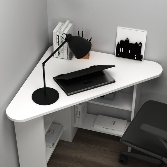 Modern white corner computer desk with 4 shelves, rounded triangular desktop, 105 cm wide